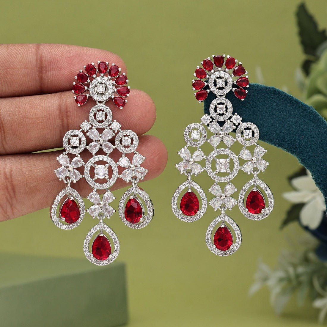 Anupa Earrings Silver Plated Red Festive Wear | CHARM OF INDIA