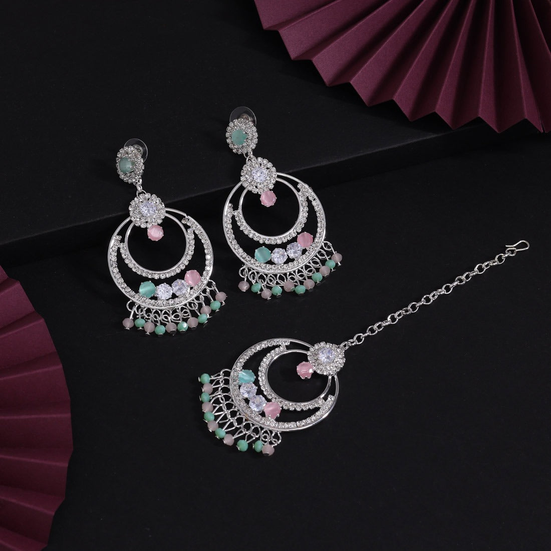 Rifa Maang Tikka Set Multicolor Rhinestone Look | CHARM OF INDIA