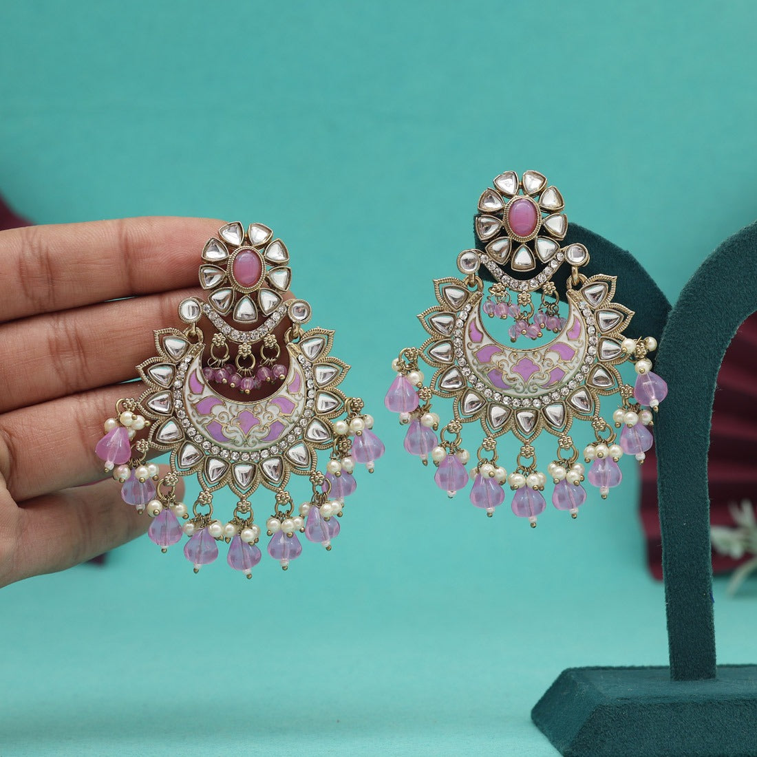 Bushra Earrings Light Purple Kundan Design | CHARM OF INDIA